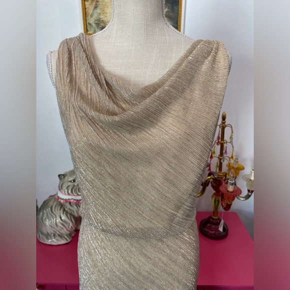 JENNY YOO MADELYN DRAPE NECK GOLD METALLIC GOWN MAXI DRESS SIZE 14 - Picture 3 of 12